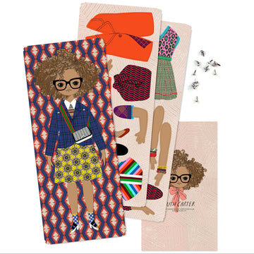 Set of paper dolls with accessories on a white background